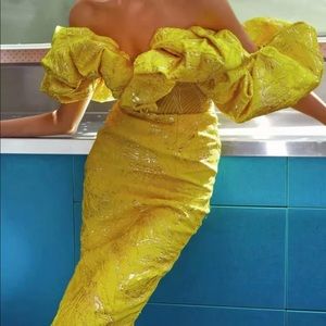 Elegant Jacquard Yellow Ruffle Sleeve Midi Dress, Size M (4-6), Brand New